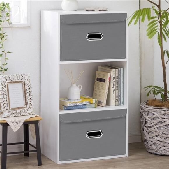 Linen Fabric Storage Cubes w/ Lid & Leather Handles - Foldable, 3-Piece Set,Grey - Picture 5 of 7